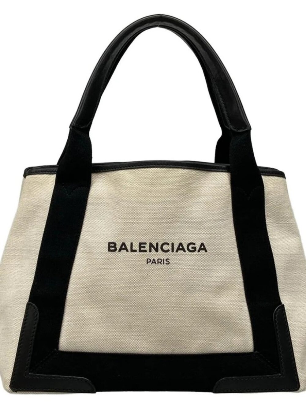 BALENCIAGA Navy Cabas S 339933 Cream Black Canvas Leather Tote Bag - Picture 1 of 14